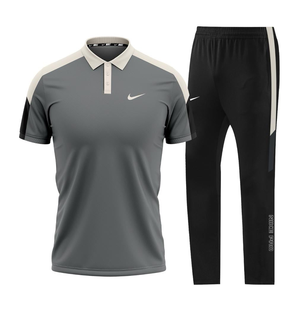 T-shirt avec Col + pantalon Nike avec fermeture (Gris/Noir) MTSTCR04