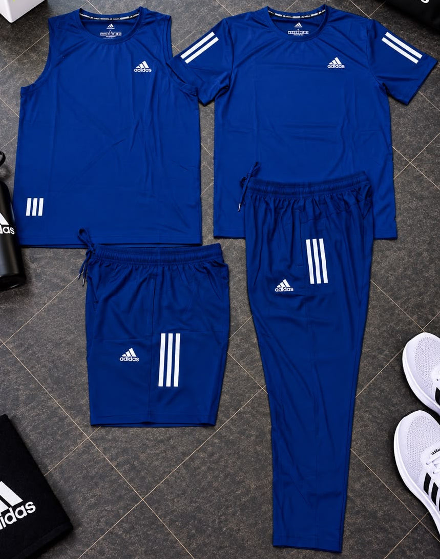 Ensemble Sport 4 Pièces Adi-das (Derbardeur,Short,T-shirt,et Pantalon)– Bleu