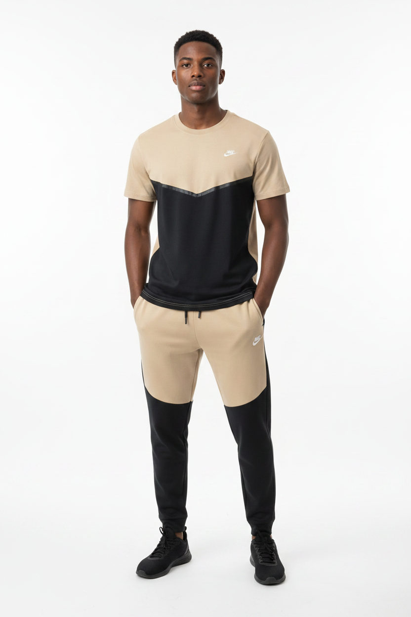 Ensemble Ni-ke Tech Coton – T-shirt & Pantalon Jogging avec fermeture Tech (Noir/Or) TPMSCNT05