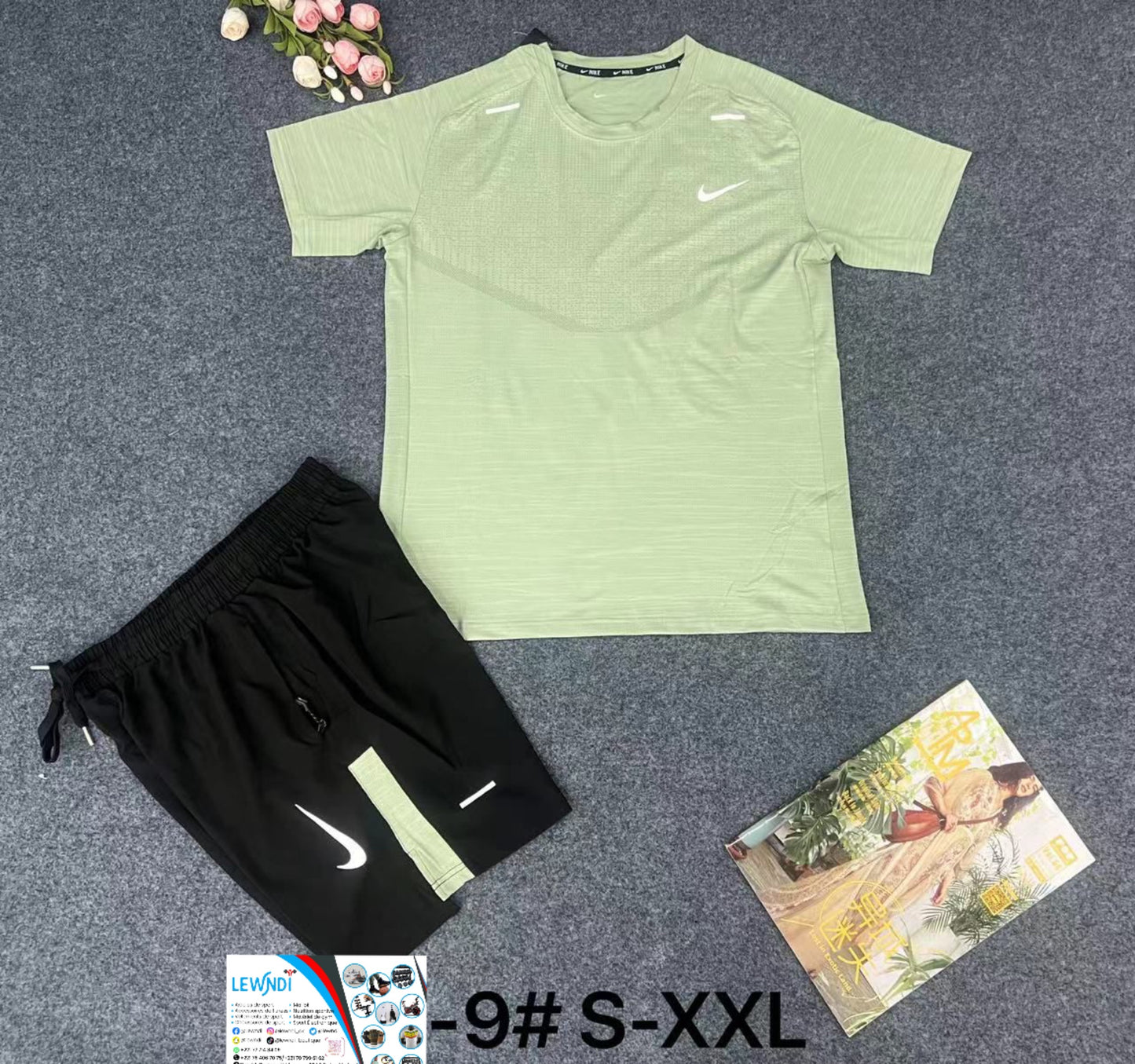 Ensemble T-shirt fitness plus short avec fermeture Nike (Vert/Noir) MSTSN09