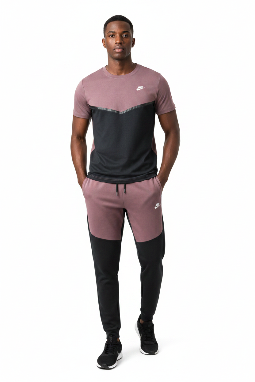 Ensemble Ni-ke Tech Coton – T-shirt & Pantalon Jogging avec fermeture Tech (Noir/Rose) TPMSCNT01