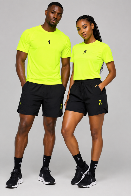 Ensemble de Sport Unisexe On Running – T-shirt et Short Vert Fluo/Noir