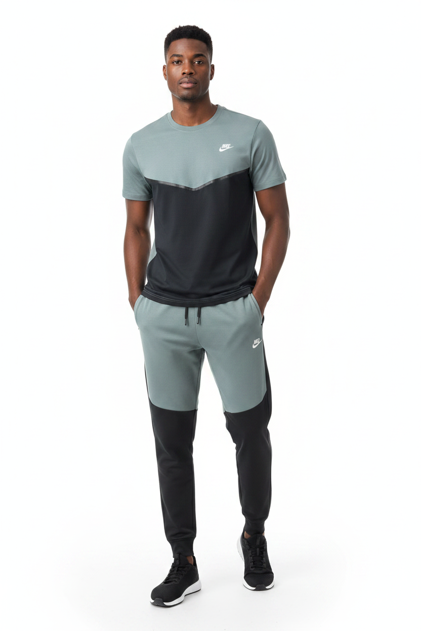 Ensemble Ni-ke Tech Coton – T-shirt & Pantalon Jogging avec fermeture Tech (Noir/Vert) TPMSCNT02