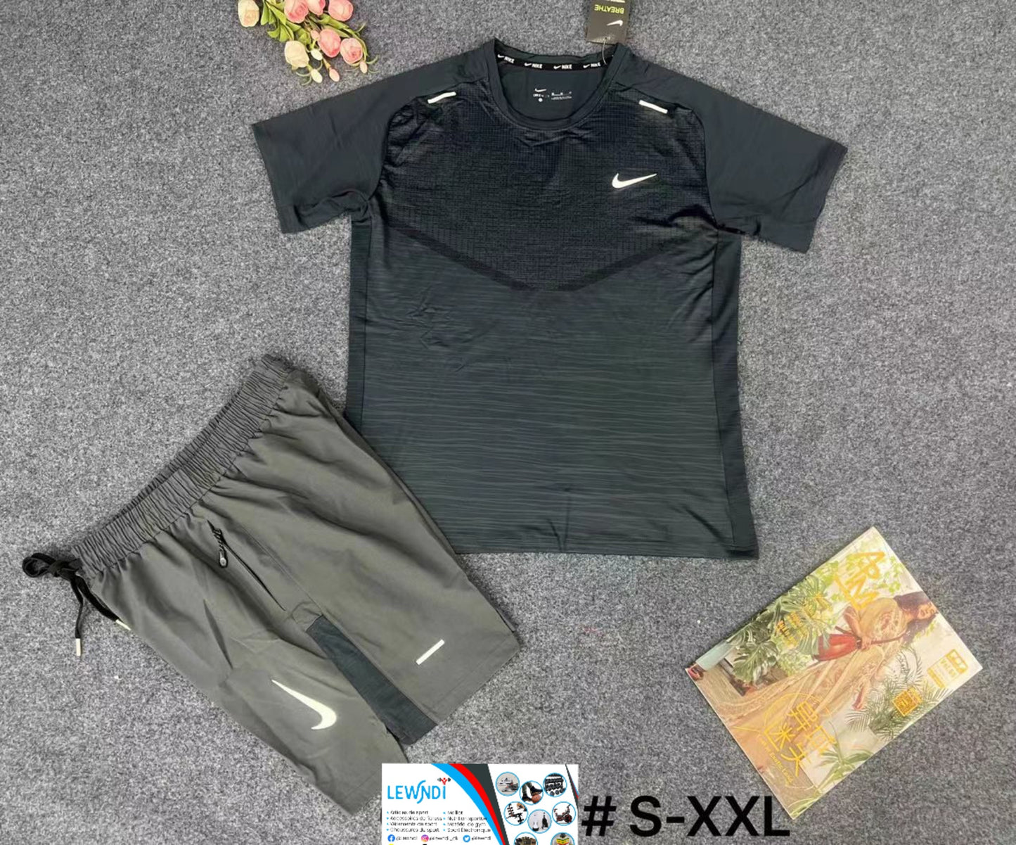 Ensemble T-shirt fitness plus short avec fermeture Nike (Gris/Gris) MSTSN06