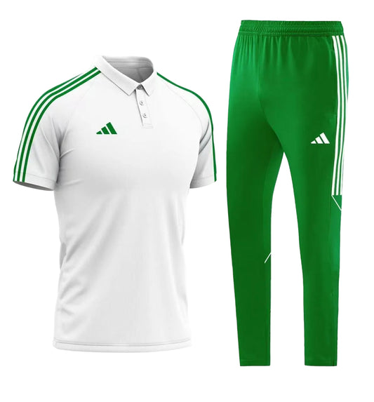 Ensemble T-shirt col roulé & Jogging Adidas (Blanc/Vert)– Style Sport Premium