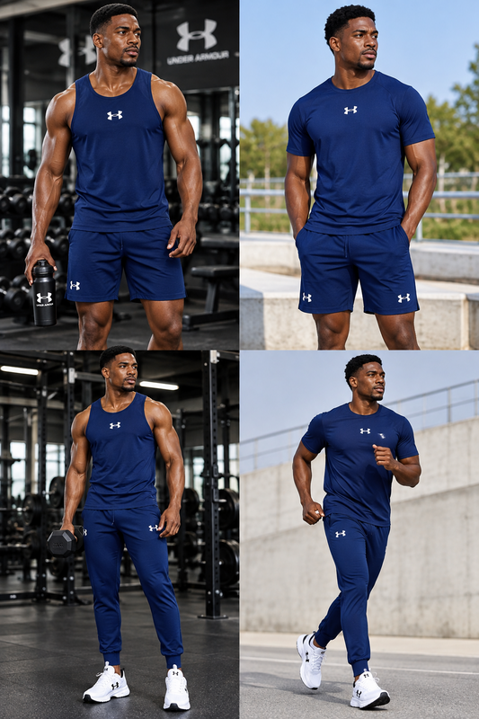 Ensemble Sport 4 Pièces UA (Derbardeur,Short,T-shirt,et Pantalon)– Bleu