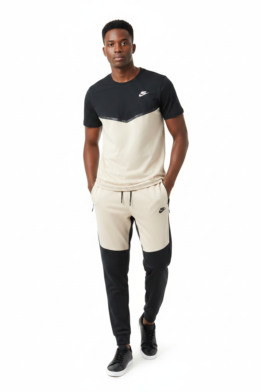 Ensemble Ni-ke Tech Coton – T-shirt & Pantalon Jogging avec fermeture Tech (Noir/Biege) TPMSCNT04