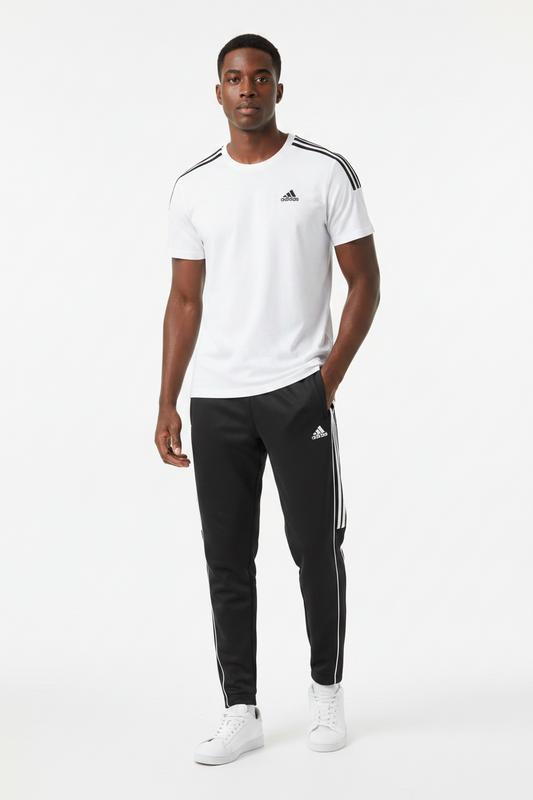Ensemble Adi-das Tech Coton – T-shirt & Pantalon Jogging avec fermeture 3 stripes (Blanc/Noir) TPMSCA03