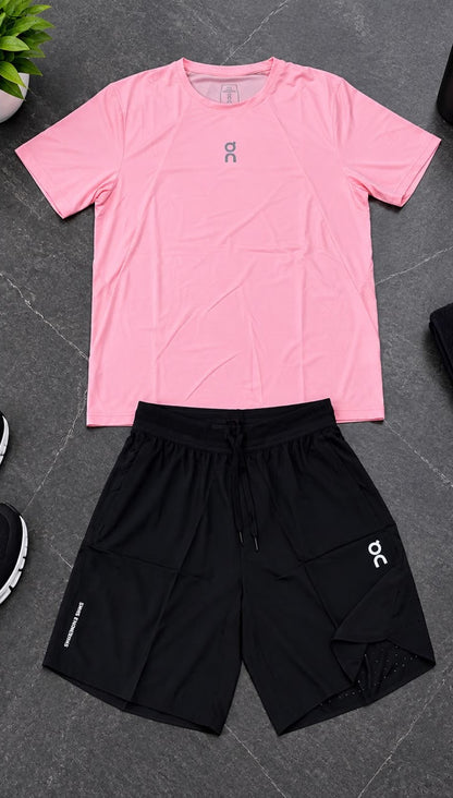Ensemble de Sport Unisexe On Running – T-shirt et Short Rose/Noir
