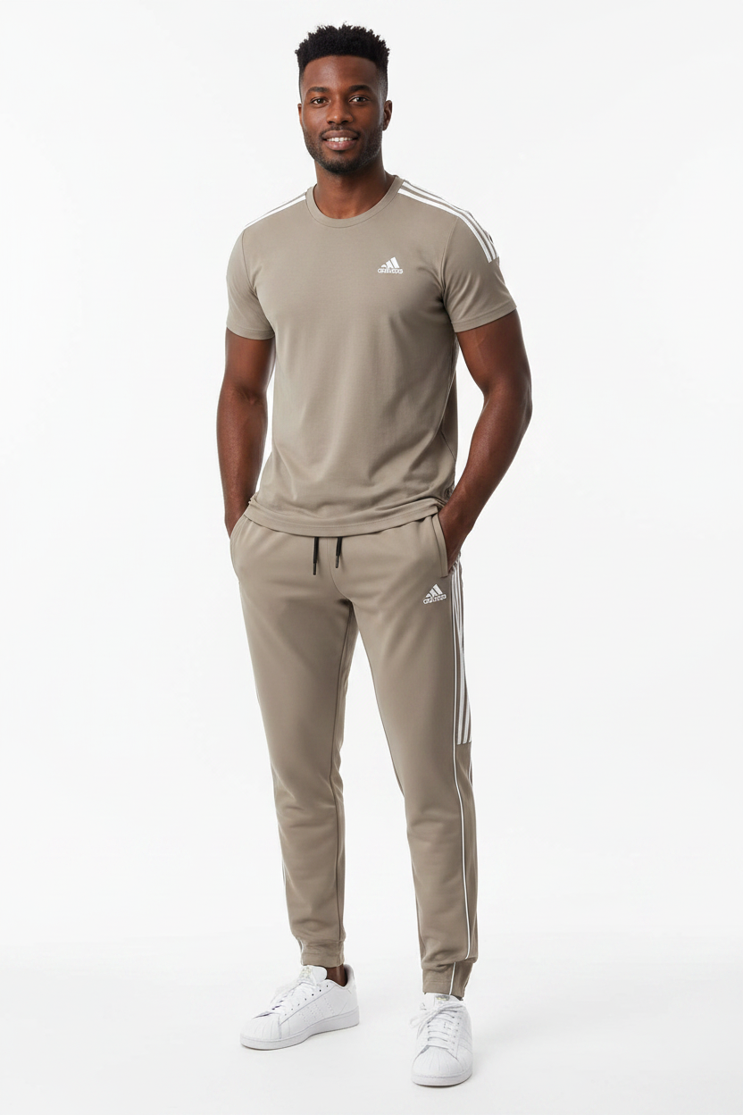 Ensemble Adi-das Tech Coton – T-shirt & Pantalon Jogging avec fermeture 3 stripes (Beige) TPMSCA02