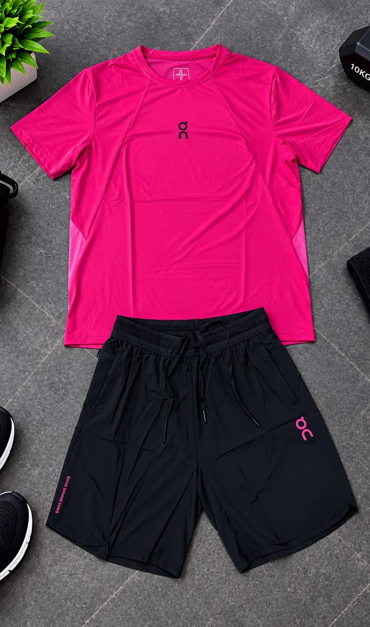 Ensemble de Sport Unisexe On Running – T-shirt et Short Rose/Noir