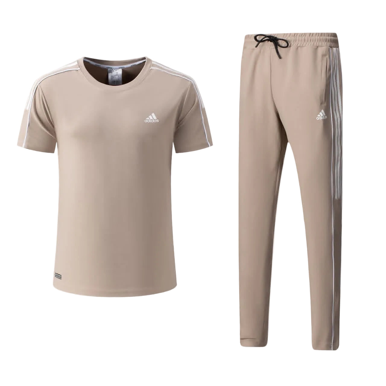 Ensemble Adi-das Tech Coton – T-shirt & Pantalon Jogging avec fermeture 3 stripes (Beige Clair) TPMSCA01
