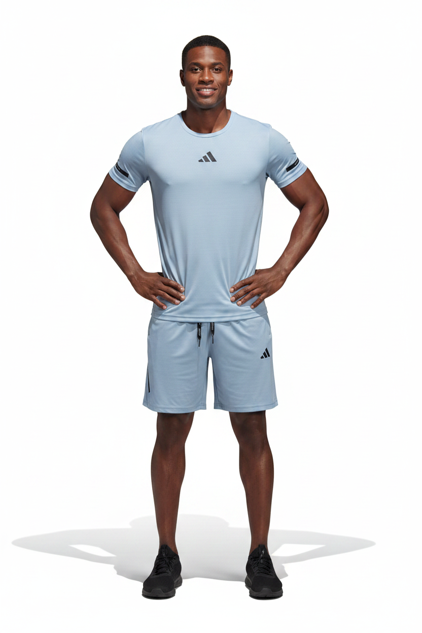 Ensemble Fitness (Adi-das) – T-shirt & Short sport Bleu Ciel TSMSEF01