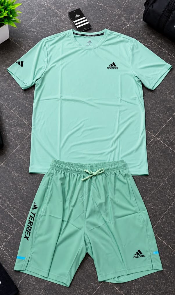 Ensemble de Sport Unisexe Adi-das Terrex Fitness – T-shirt et Short Vert Menthe