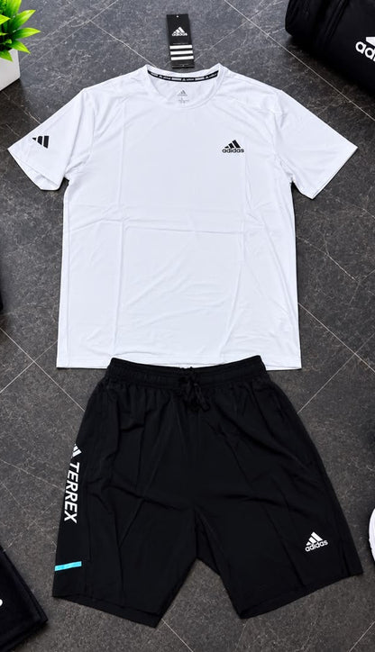 Ensemble de Sport Unisexe Adi-das Terrex Fitness – T-shirt et Short Blanc/Noir