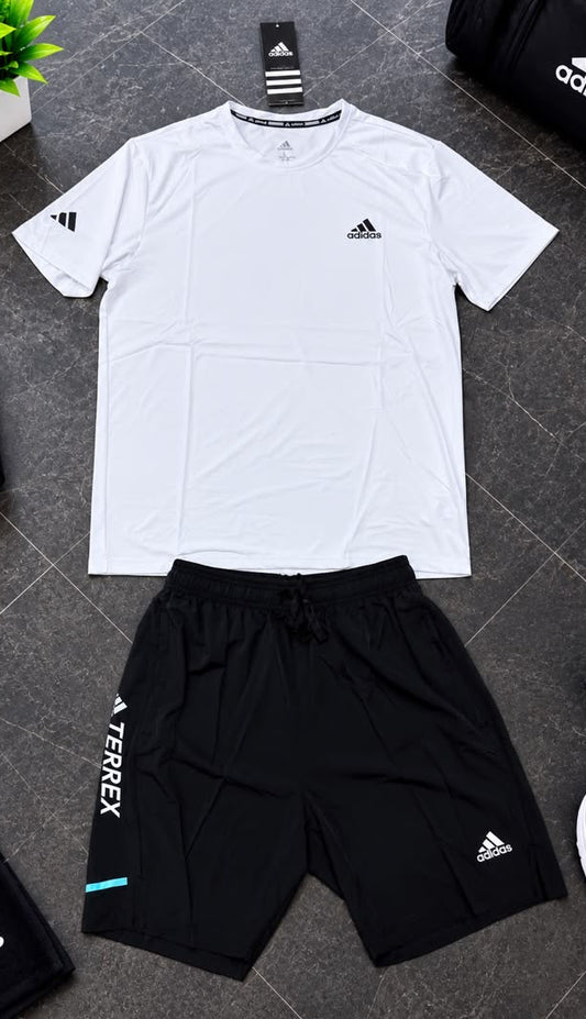 Ensemble de Sport Unisexe Adi-das Terrex Fitness – T-shirt et Short Blanc/Noir