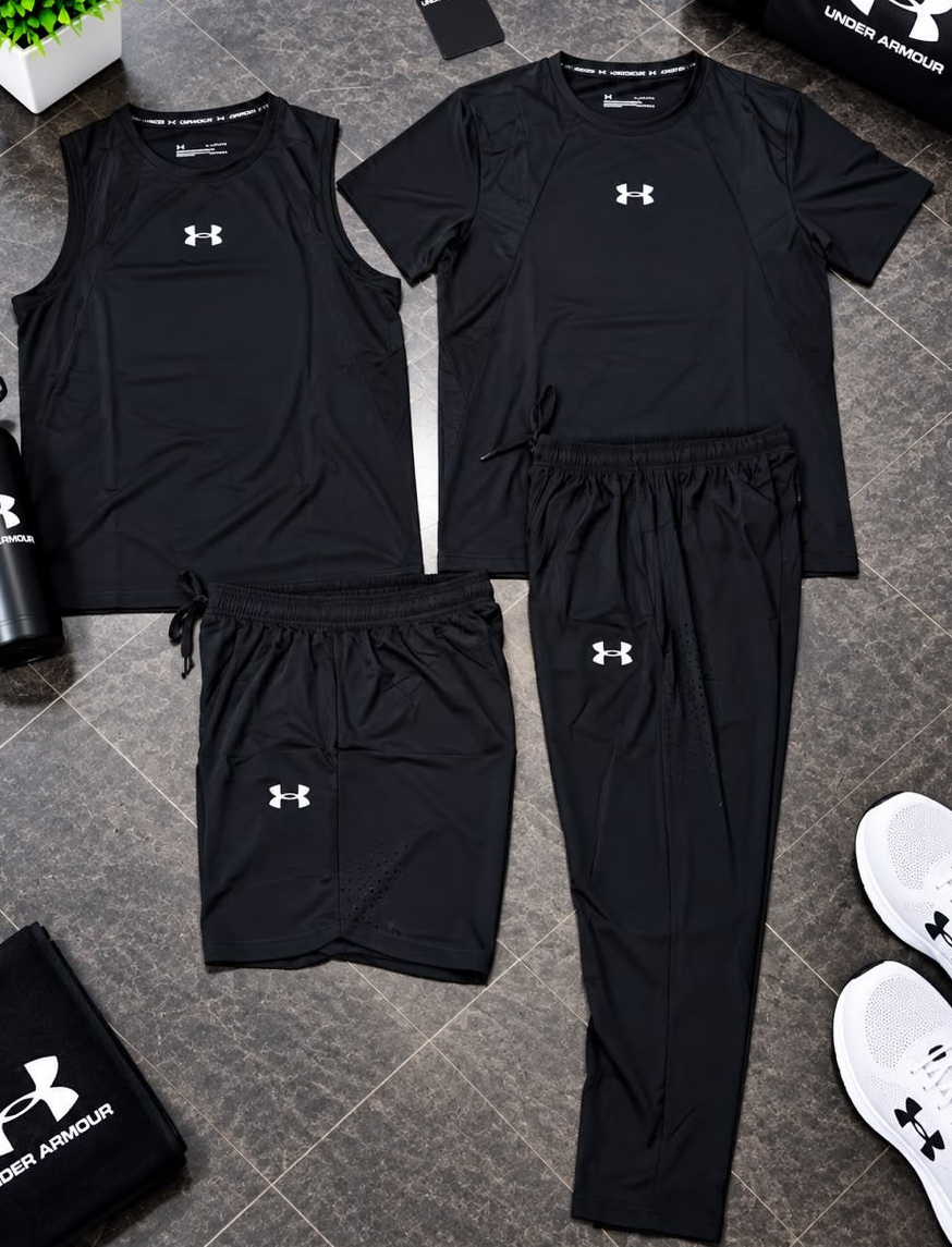 Ensemble Sport 4 Pièces UA (Derbardeur,Short,T-shirt,et Pantalon)– Noir