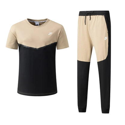 Ensemble Ni-ke Tech Coton – T-shirt & Pantalon Jogging avec fermeture Tech (Noir/Or) TPMSCNT05