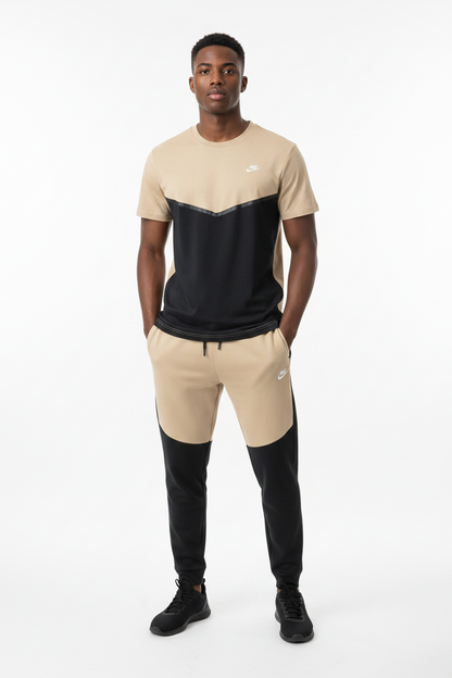 Ensemble Ni-ke Tech Coton – T-shirt & Pantalon Jogging avec fermeture Tech (Noir/Or) TPMSCNT05