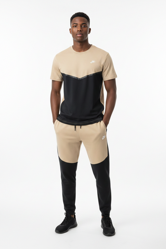 Ensemble Ni-ke Tech Coton – T-shirt & Pantalon Jogging avec fermeture Tech (Noir/Or) TPMSCNT05
