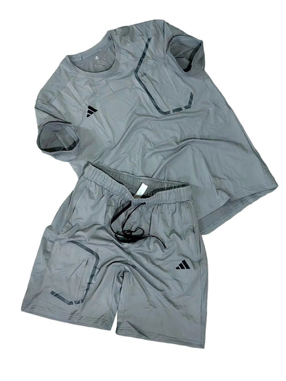 Ensemble sport (Adidas) – T-shirt & Short avec fermeture (Gris) ETFSTSA05