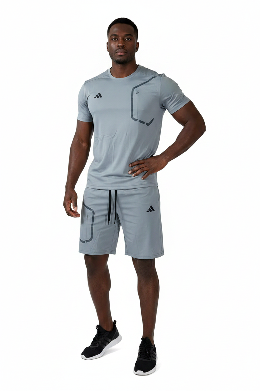 Ensemble sport (Adidas) – T-shirt & Short avec fermeture (Gris) ETFSTSA05