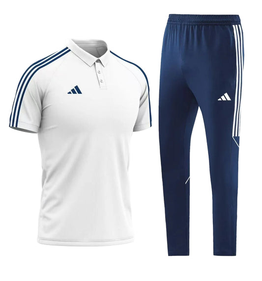 Ensemble T-shirt col roulé & Jogging Adidas (Blanc/Marine)– Style Sport Premium