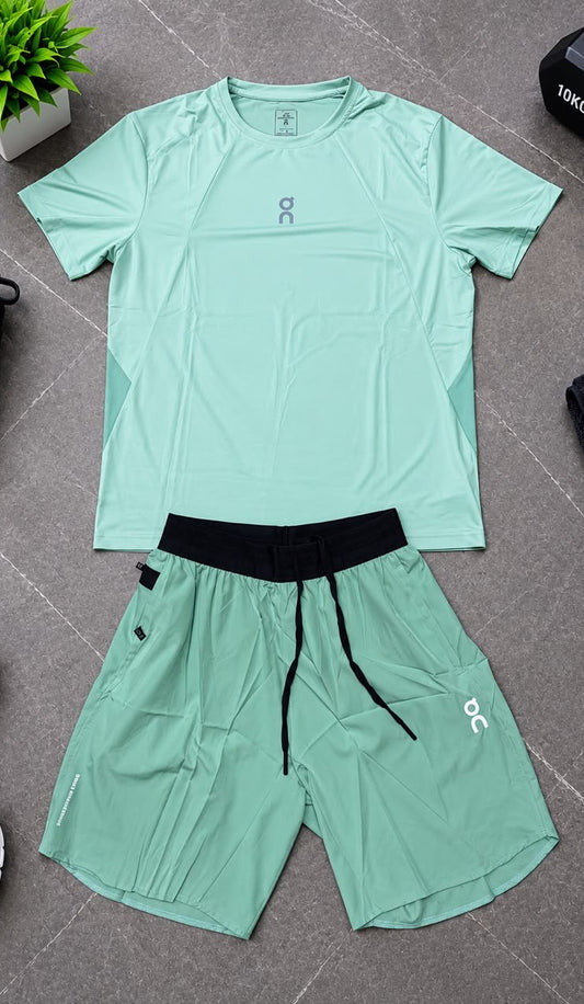 Ensemble de Sport Unisexe On Running – T-shirt et Short Vert Menthe