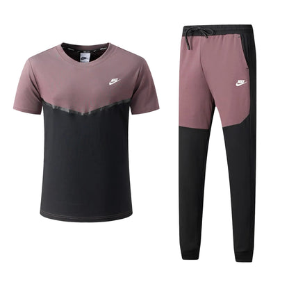Ensemble Ni-ke Tech Coton – T-shirt & Pantalon Jogging avec fermeture Tech (Noir/Rose) TPMSCNT01