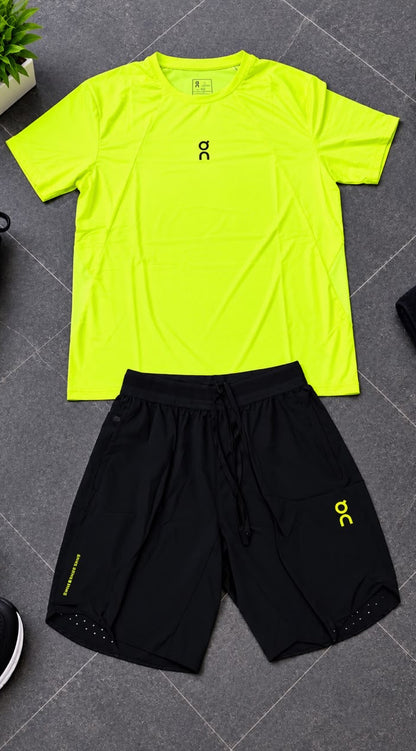 Ensemble de Sport Unisexe On Running – T-shirt et Short Vert Fluo/Noir