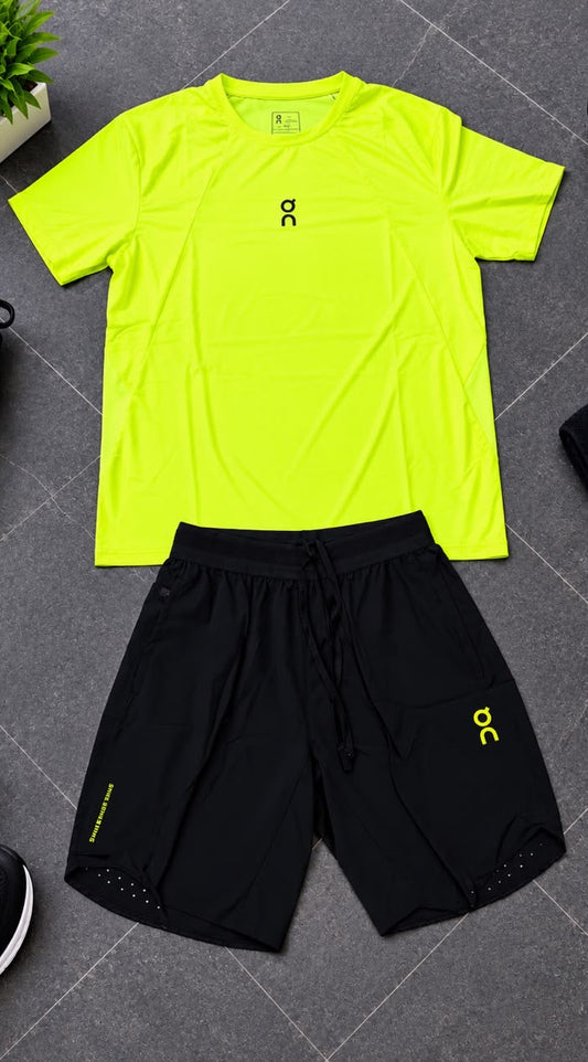 Ensemble de Sport Unisexe On Running – T-shirt et Short Vert Fluo/Noir