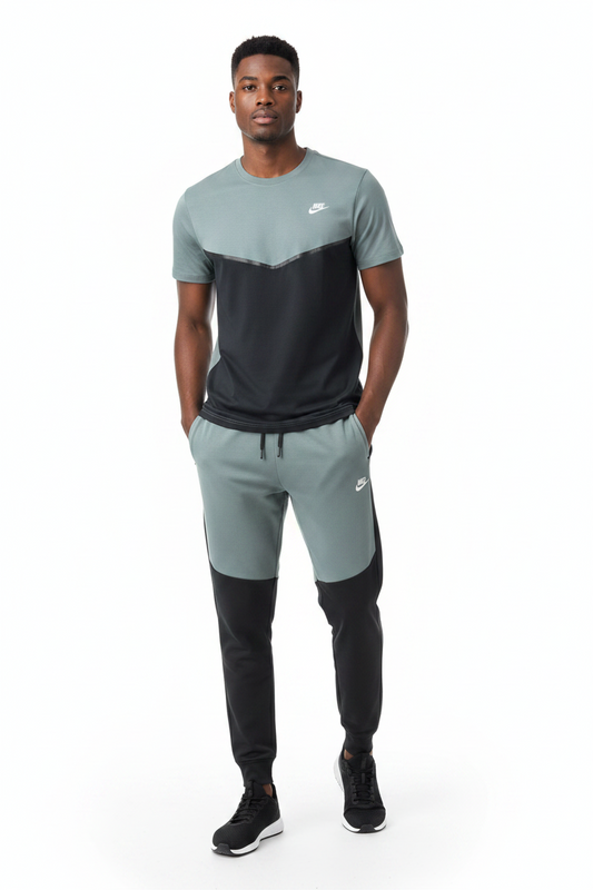 Ensemble Ni-ke Tech Coton – T-shirt & Pantalon Jogging avec fermeture Tech (Noir/Vert) TPMSCNT02