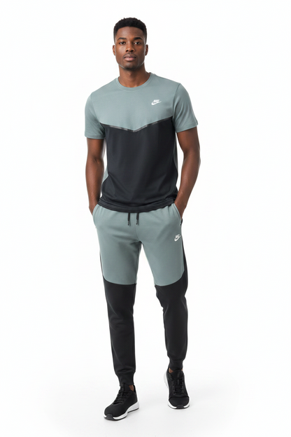 Ensemble Ni-ke Tech Coton – T-shirt & Pantalon Jogging avec fermeture Tech (Noir/Vert) TPMSCNT02