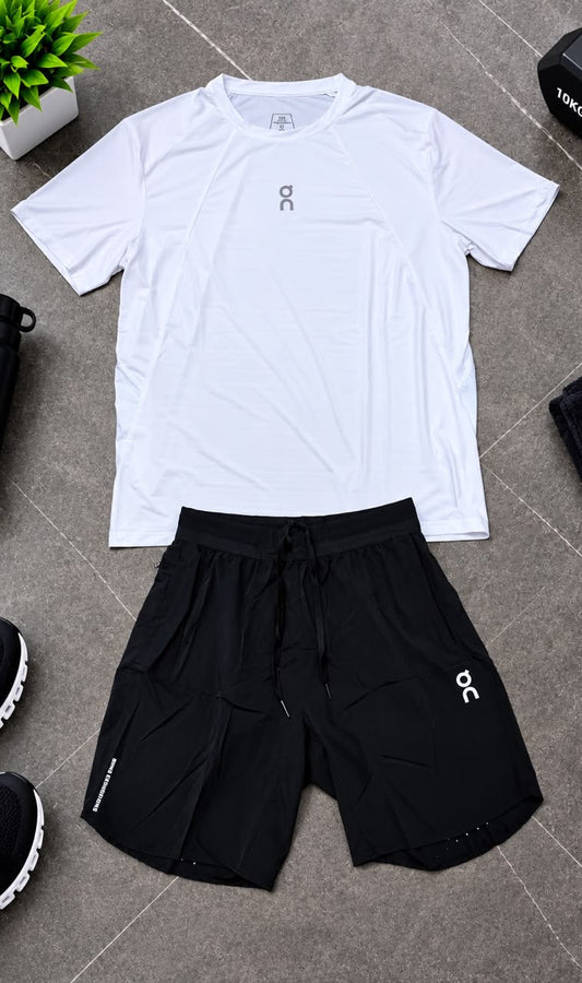 Ensemble de Sport Unisexe On Running – T-shirt et Short Blanc/Noir