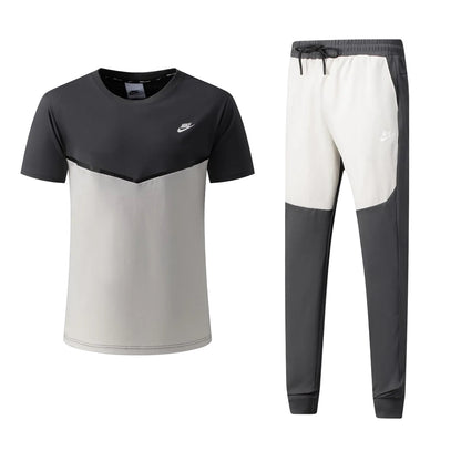 Ensemble Ni-ke Tech Coton – T-shirt & Pantalon Jogging avec fermeture Tech (Gris/Blanc) TPMSCNT03