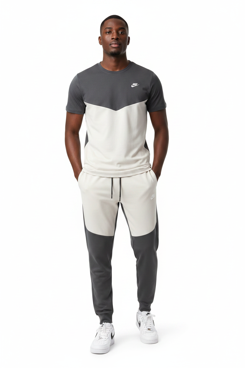 Ensemble Ni-ke Tech Coton – T-shirt & Pantalon Jogging avec fermeture Tech (Gris/Blanc) TPMSCNT03