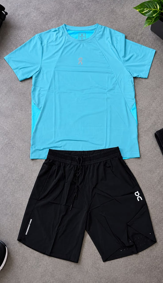 Ensemble de Sport Unisexe On Running – T-shirt et Short Bleu Clair/Noir