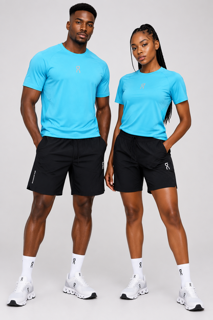 Ensemble de Sport Unisexe On Running – T-shirt et Short Bleu Clair/Noir