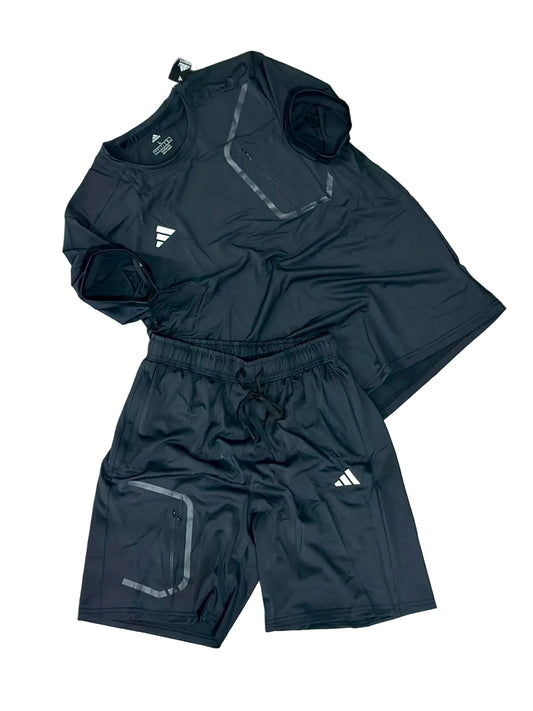 Ensemble sport (Adidas) – T-shirt & Short avec fermeture (Noir) ETFSTSA06