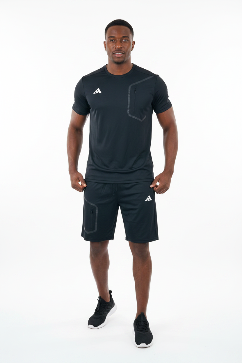 Ensemble sport (Adidas) – T-shirt & Short avec fermeture (Noir) ETFSTSA06