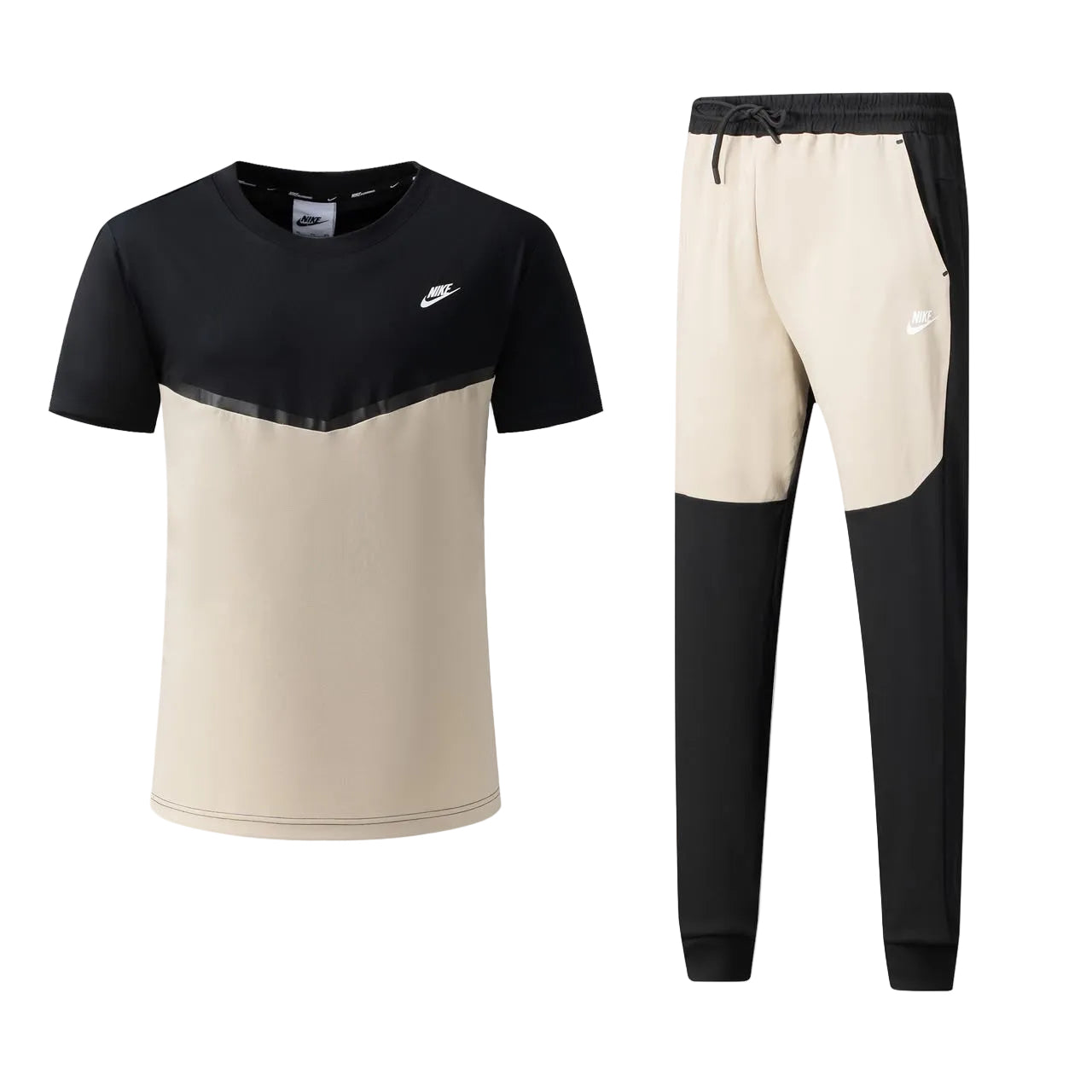 Ensemble Ni-ke Tech Coton – T-shirt & Pantalon Jogging avec fermeture Tech (Noir/Biege) TPMSCNT04