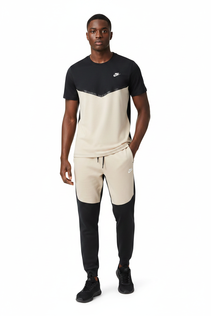Ensemble Ni-ke Tech Coton – T-shirt & Pantalon Jogging avec fermeture Tech (Noir/Biege) TPMSCNT04