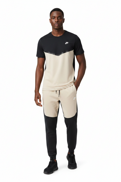 Ensemble Ni-ke Tech Coton – T-shirt & Pantalon Jogging avec fermeture Tech (Noir/Biege) TPMSCNT04