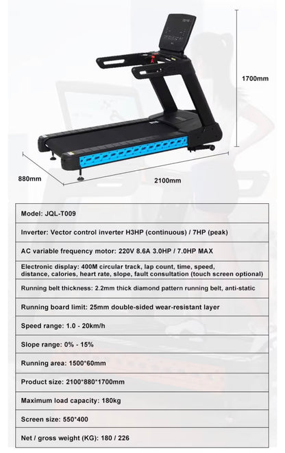 Tapis de course professionnel SC-86016 – 7 HP, écran électronique et inclinaison motorisée pro qualité 180kg poids max – (Absorption des chocs Pliant)