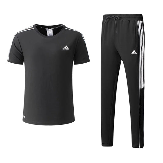 Ensemble Adi-das Tech Coton – T-shirt & Pantalon Jogging avec fermeture 3 stripes (Gris/Noir) TPMSCA05