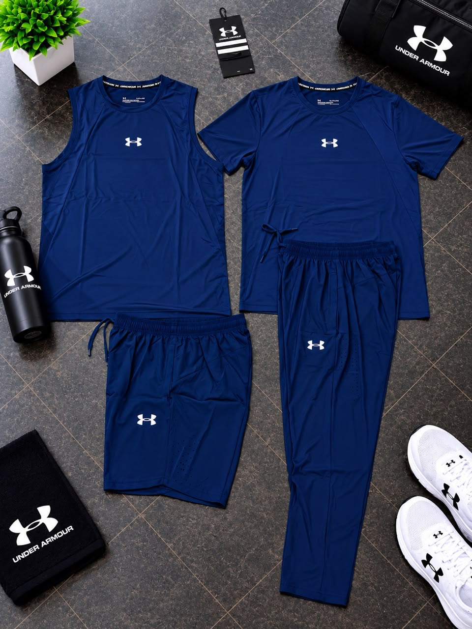 Ensemble Sport 4 Pièces UA (Derbardeur,Short,T-shirt,et Pantalon)– Bleu