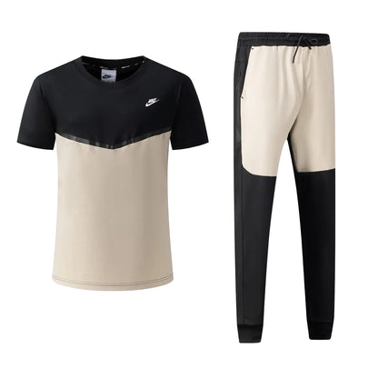 Ensemble Ni-ke Tech Coton – T-shirt & Pantalon Jogging avec fermeture Tech (Noir/Biege) TPMSCNT04