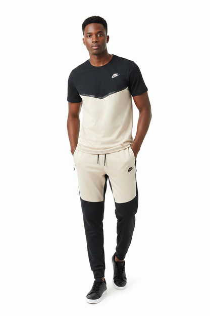 Ensemble Ni-ke Tech Coton – T-shirt & Pantalon Jogging avec fermeture Tech (Noir/Biege) TPMSCNT04