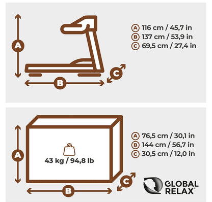 Tapis de course GLOBAL RELAX Vitesses de 1 à 20 km/heure Inclinaison automatique et manuelle (Ecran LCD et digital Bluetooth USB)