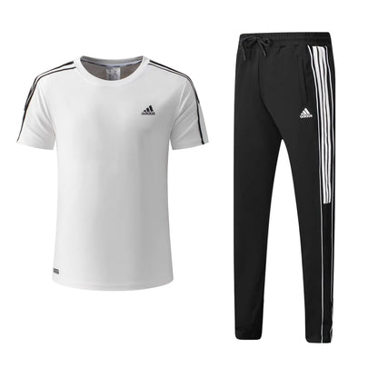 Ensemble Adi-das Tech Coton – T-shirt & Pantalon Jogging avec fermeture 3 stripes (Blanc/Noir) TPMSCA03